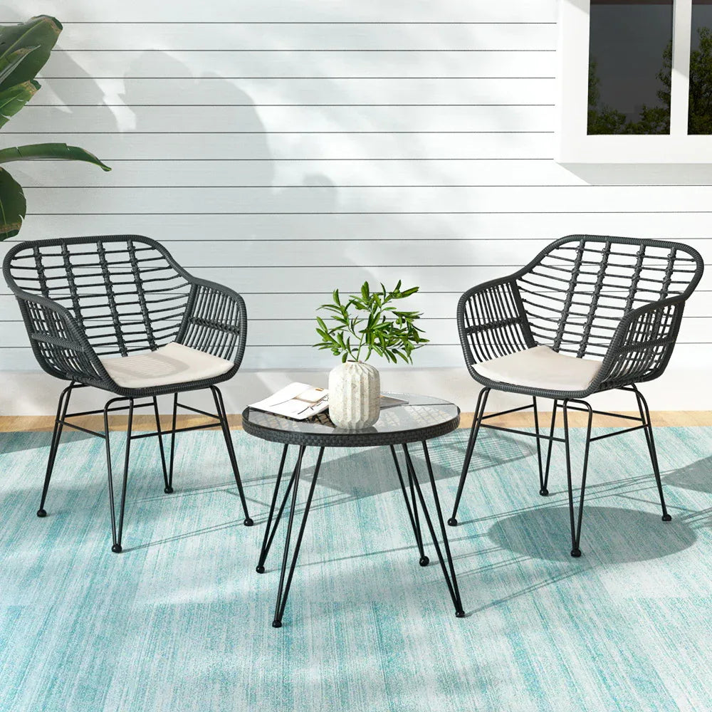 Gardeon 3PC Outdoor Furniture Bistro Set Lounge Setting Table Chairs Cushion Patio Grey - Mekamart Australia
