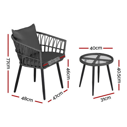Gardeon 3PC Outdoor Bistro Set Patio Furniture Lounge Setting Table and Chairs Grey - Mekamart Australia