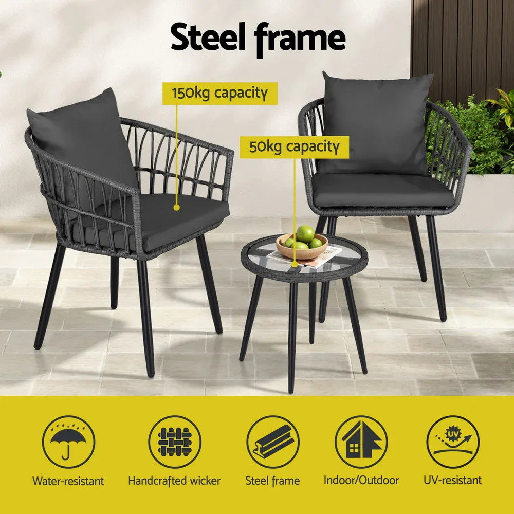 Gardeon 3PC Outdoor Bistro Set Patio Furniture Lounge Setting Table and Chairs Grey - Mekamart Australia