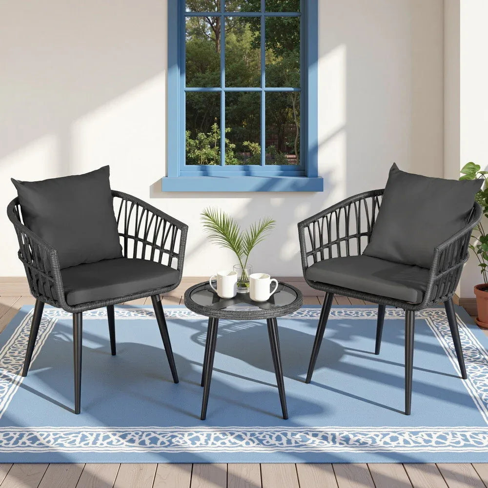 Gardeon 3PC Outdoor Bistro Set Patio Furniture Lounge Setting Table and Chairs Grey - Mekamart Australia