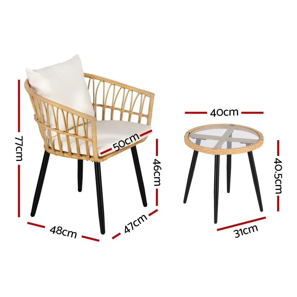 Gardeon 3PC Outdoor Bistro Set Patio Furniture Lounge Setting Table and Chairs Natural - Mekamart Australia