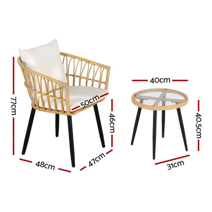 Gardeon 3PC Outdoor Bistro Set Patio Furniture Lounge Setting Table and Chairs Natural - Mekamart Australia
