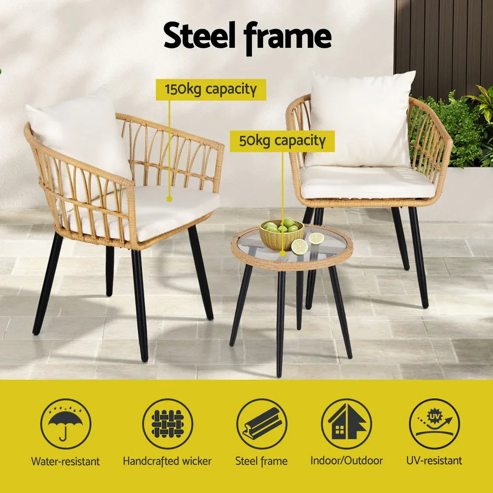 Gardeon 3PC Outdoor Bistro Set Patio Furniture Lounge Setting Table and Chairs Natural - Mekamart Australia