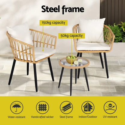 Gardeon 3PC Outdoor Bistro Set Patio Furniture Lounge Setting Table and Chairs Natural - Mekamart Australia