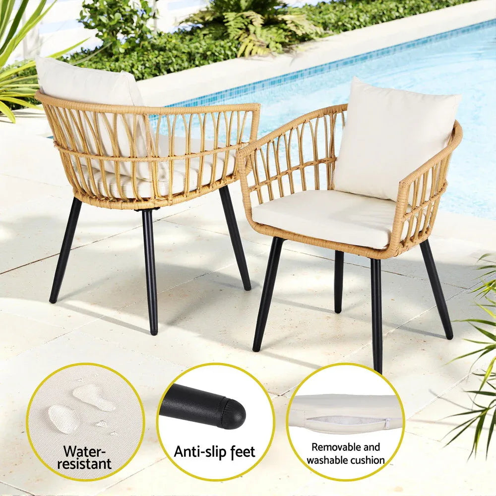 Gardeon 3PC Outdoor Bistro Set Patio Furniture Lounge Setting Table and Chairs Natural - Mekamart Australia
