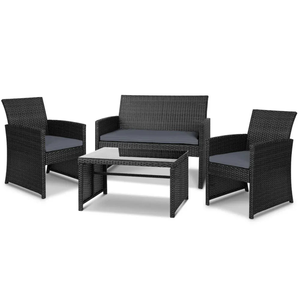Gardeon 4 PCS Outdoor Sofa Set Rattan Chair Table Setting Garden Furniture Black - Mekamart Australia