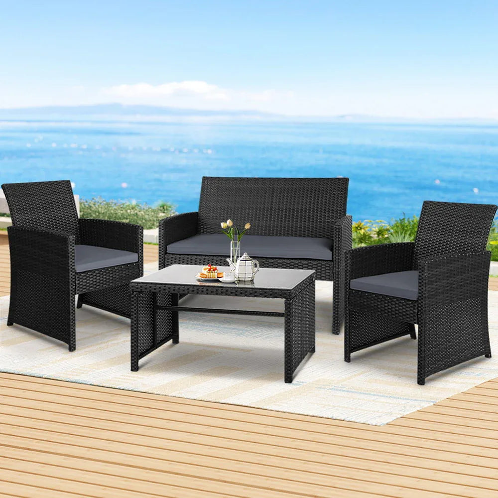 Gardeon 4 PCS Outdoor Sofa Set Rattan Chair Table Setting Garden Furniture Black - Mekamart Australia