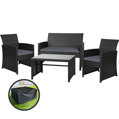 Gardeon 4 PCS Outdoor Sofa Set with Storage Cover Rattan Chair Furniture Black - Mekamart Australia