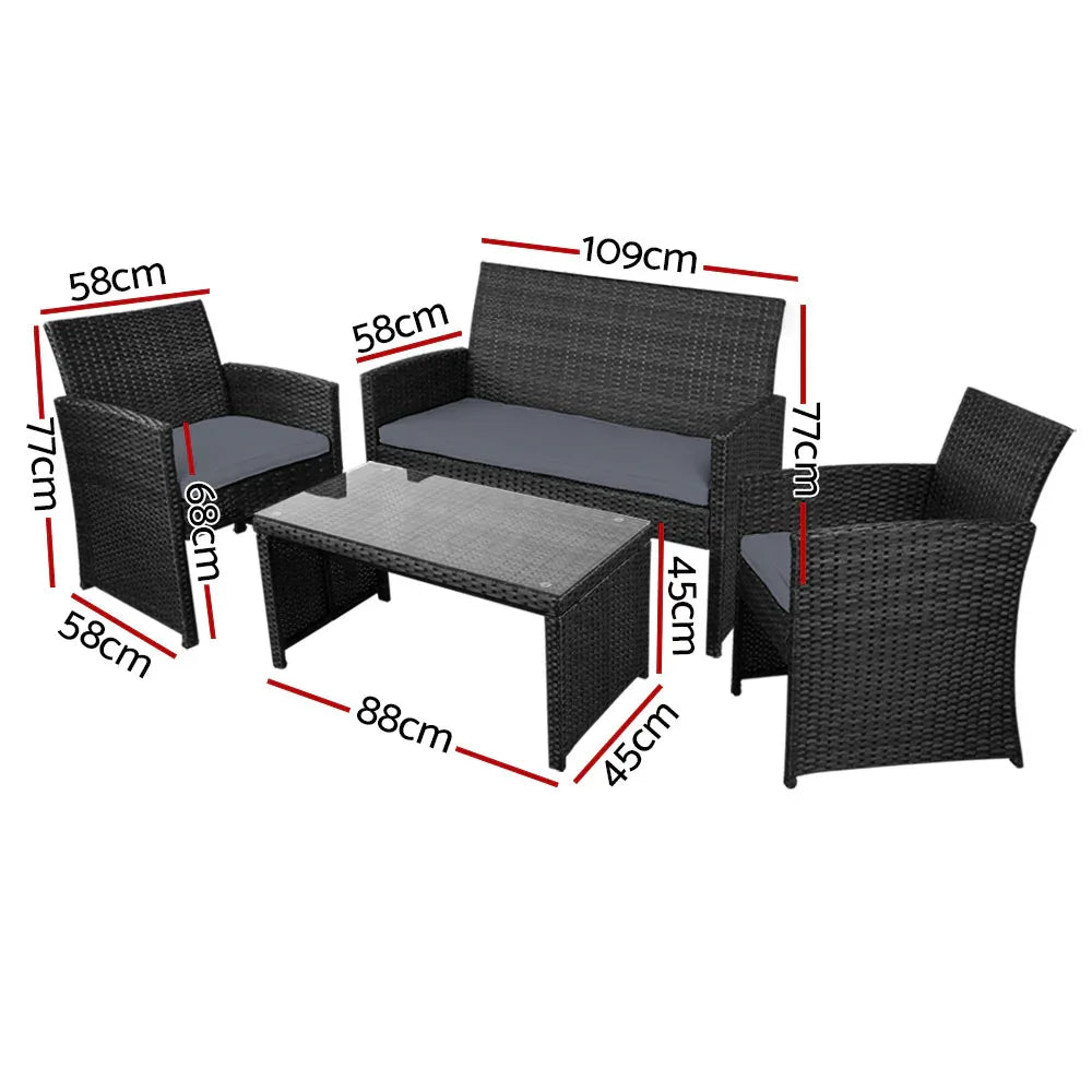 Gardeon 4 PCS Outdoor Sofa Set with Storage Cover Rattan Chair Furniture Black - Mekamart Australia