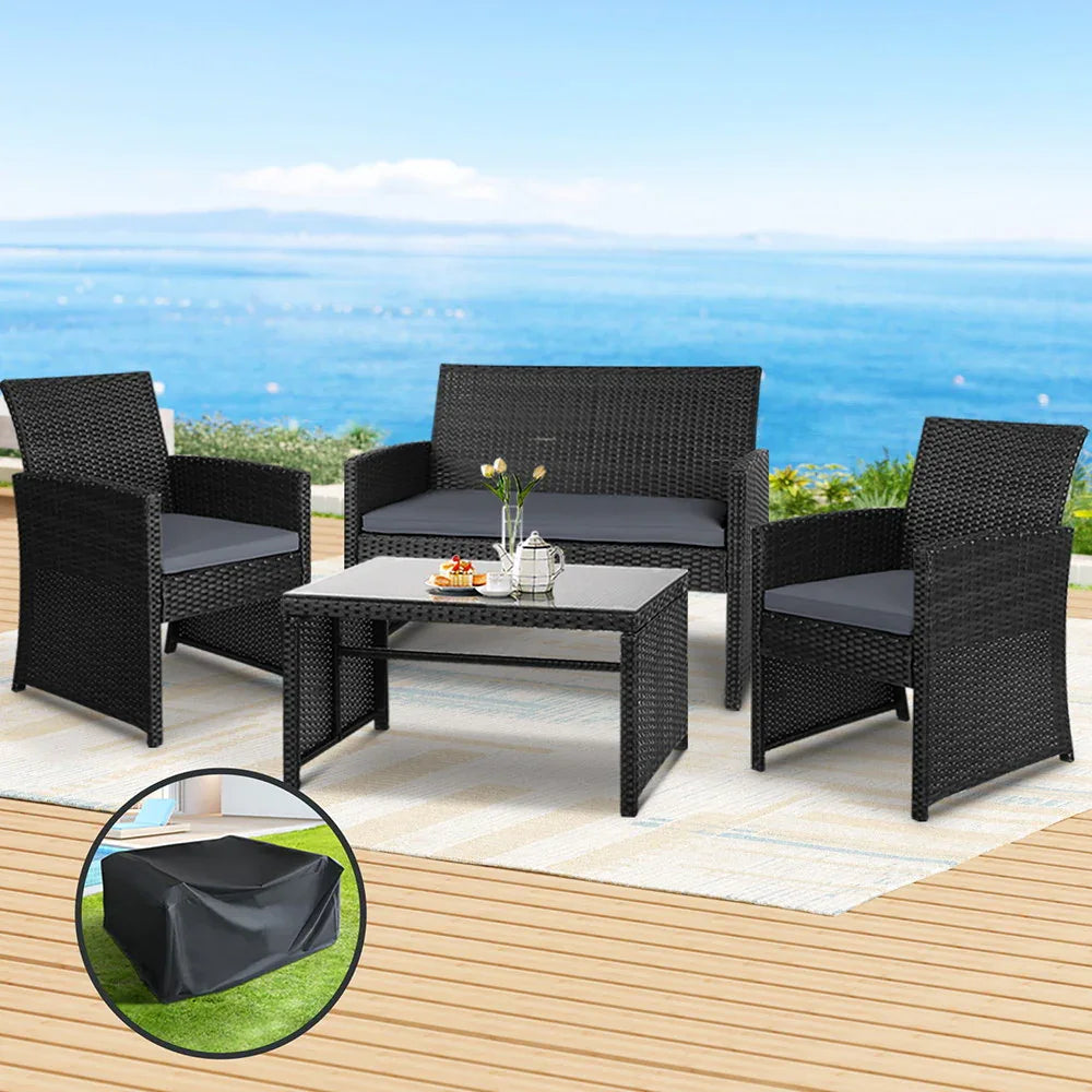 Gardeon 4 PCS Outdoor Sofa Set with Storage Cover Rattan Chair Furniture Black - Mekamart Australia