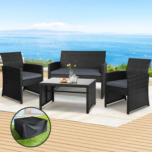 Gardeon 4 PCS Outdoor Sofa Set with Storage Cover Rattan Chair Furniture Black - Mekamart Australia
