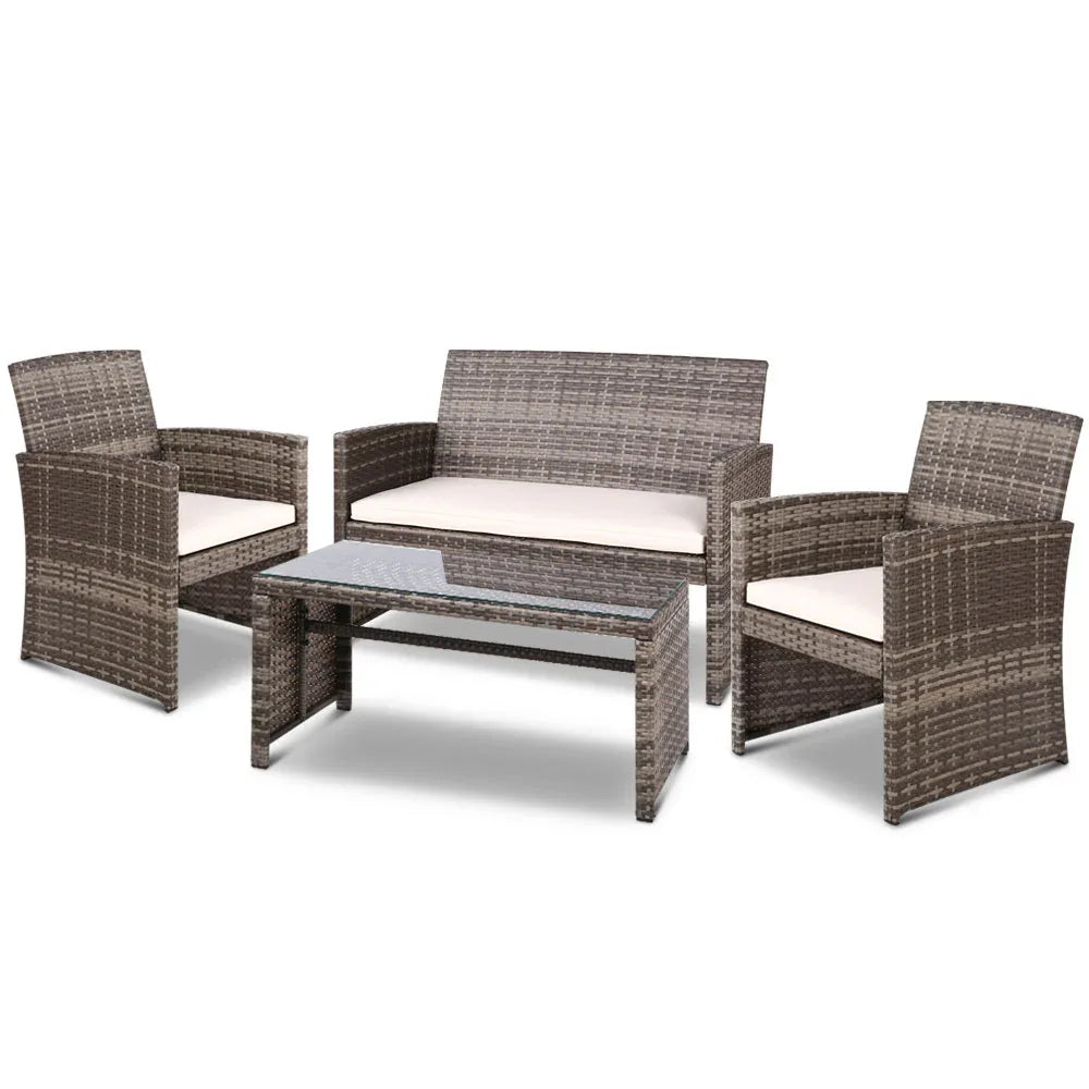 Gardeon 4 PCS Outdoor Sofa Set Rattan Chair Table Setting Garden Furniture Grey - Mekamart Australia