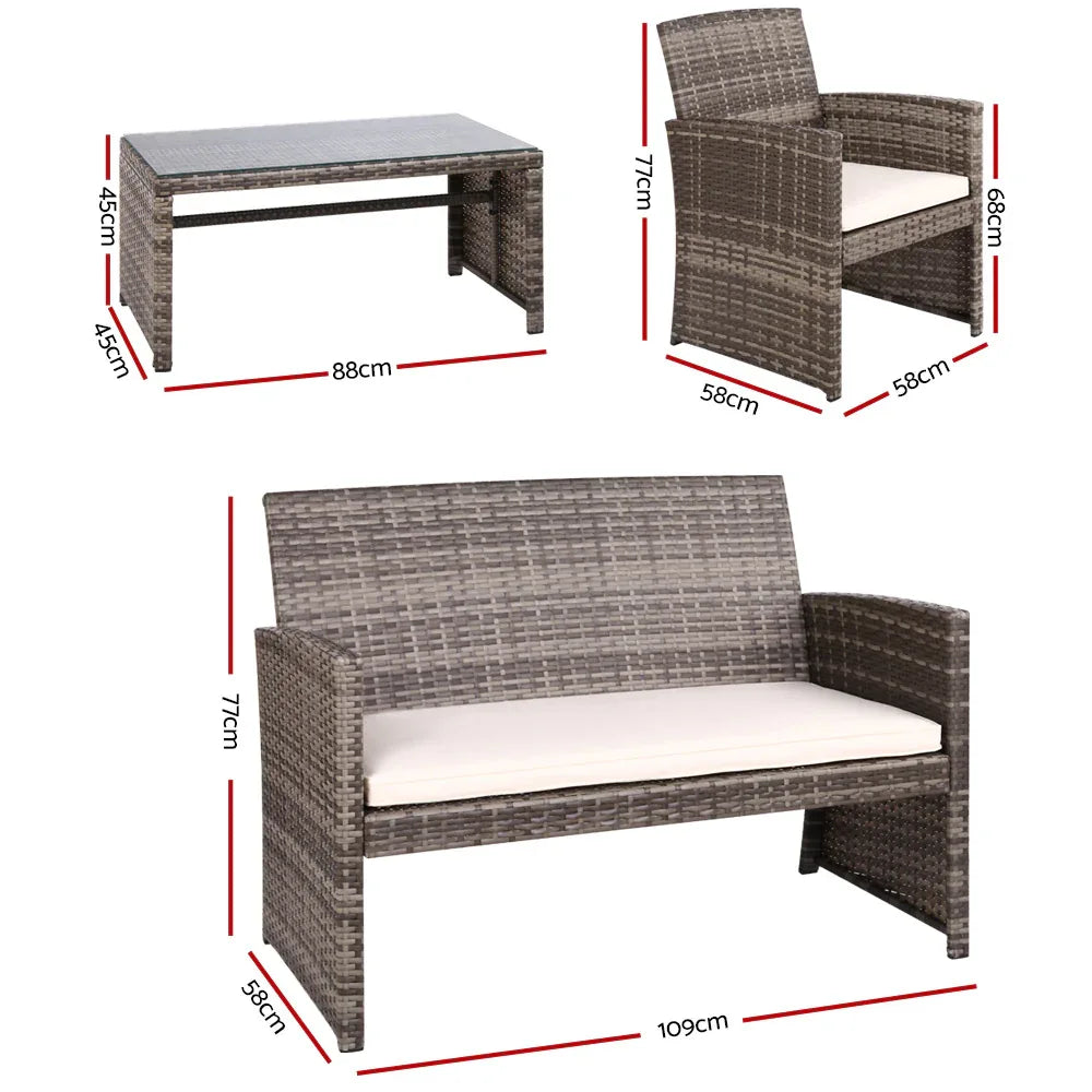 Gardeon 4 PCS Outdoor Sofa Set Rattan Chair Table Setting Garden Furniture Grey - Mekamart Australia