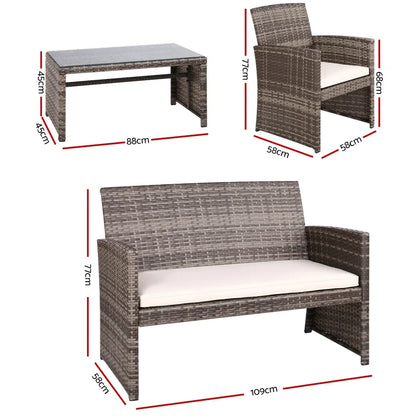 Gardeon 4 PCS Outdoor Sofa Set Rattan Chair Table Setting Garden Furniture Grey - Mekamart Australia