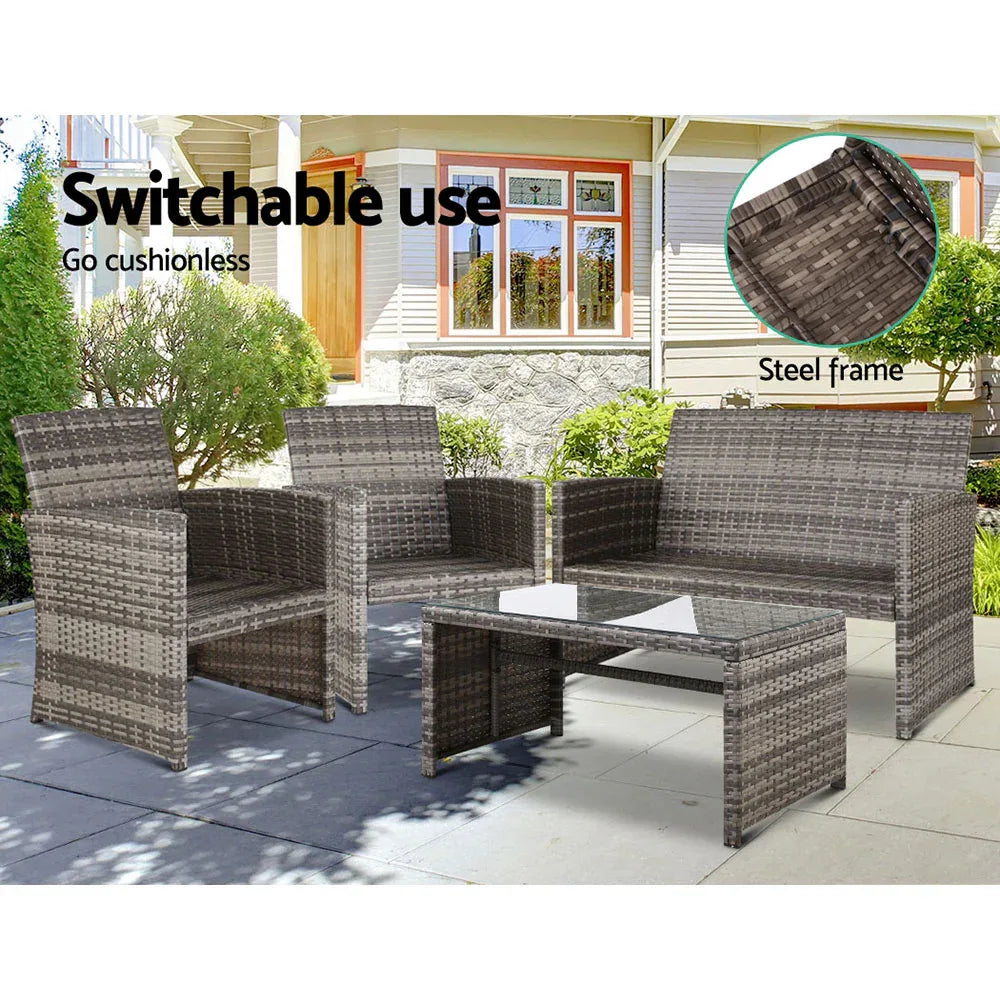Gardeon 4 PCS Outdoor Sofa Set Rattan Chair Table Setting Garden Furniture Grey - Mekamart Australia
