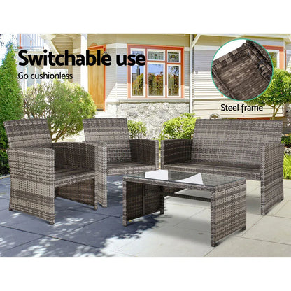 Gardeon 4 PCS Outdoor Sofa Set Rattan Chair Table Setting Garden Furniture Grey - Mekamart Australia
