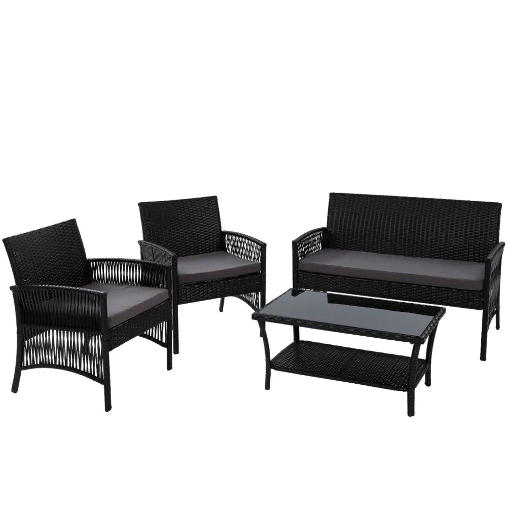 Gardeon 4PCS Outdoor Sofa Set Wicker Harp Chair Table Garden Furniture Black - Mekamart Australia