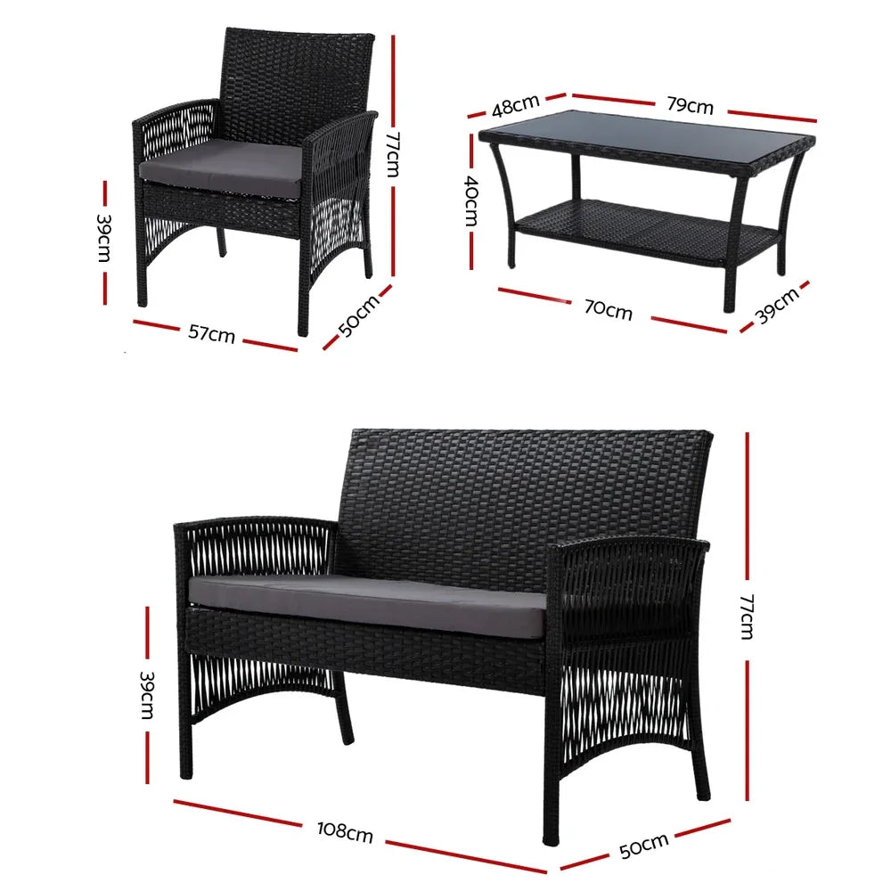 Gardeon 4PCS Outdoor Sofa Set Wicker Harp Chair Table Garden Furniture Black - Mekamart Australia