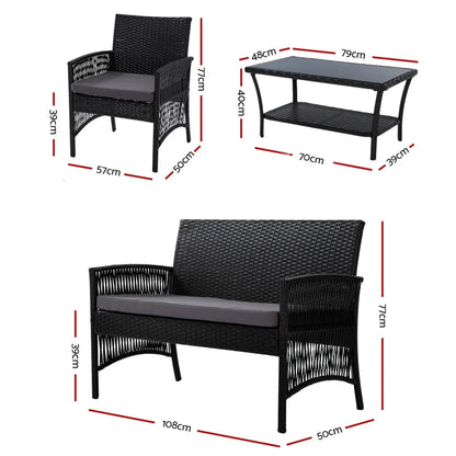 Gardeon 4PCS Outdoor Sofa Set Wicker Harp Chair Table Garden Furniture Black - Mekamart Australia