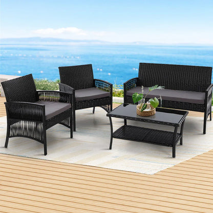 Gardeon 4PCS Outdoor Sofa Set Wicker Harp Chair Table Garden Furniture Black - Mekamart Australia