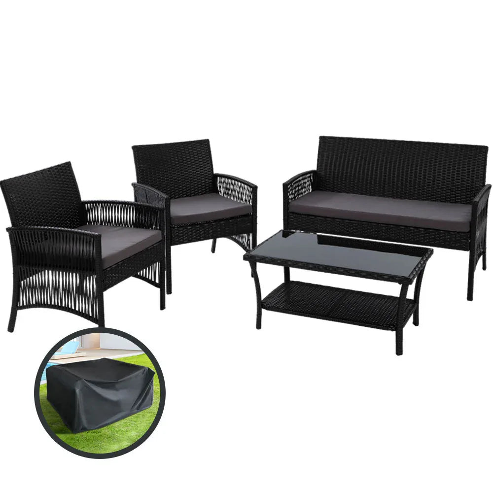 Gardeon 4PCS OutdoorSofa Set with Storage Cover Wicker Harp Chair Table Black - Mekamart Australia