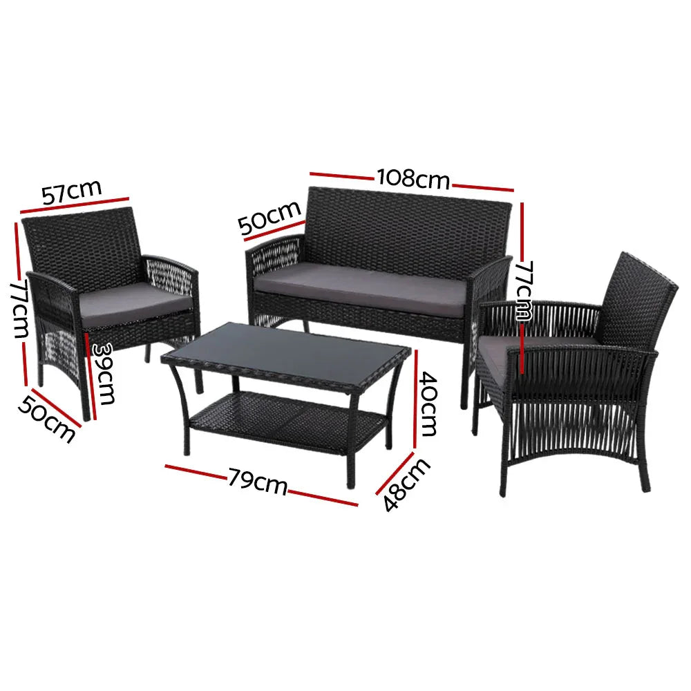 Gardeon 4PCS OutdoorSofa Set with Storage Cover Wicker Harp Chair Table Black - Mekamart Australia