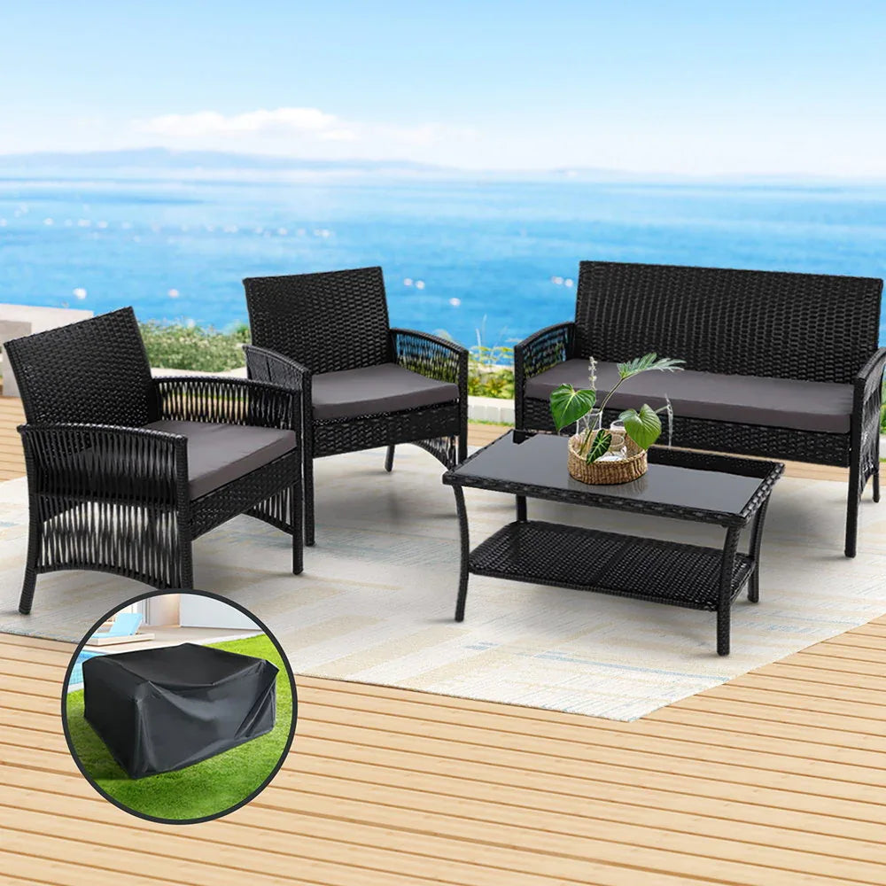 Gardeon 4PCS OutdoorSofa Set with Storage Cover Wicker Harp Chair Table Black - Mekamart Australia