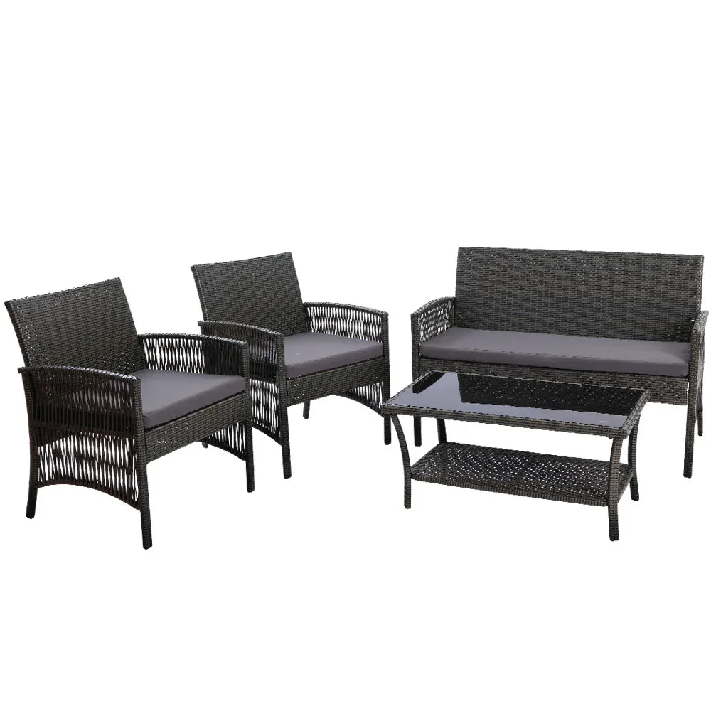 Gardeon 4PCS Outdoor Sofa Set Wicker Harp Chair Table Garden Furniture Grey - Mekamart Australia