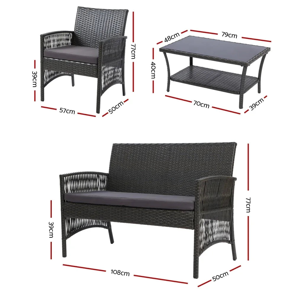 Gardeon 4PCS Outdoor Sofa Set Wicker Harp Chair Table Garden Furniture Grey - Mekamart Australia