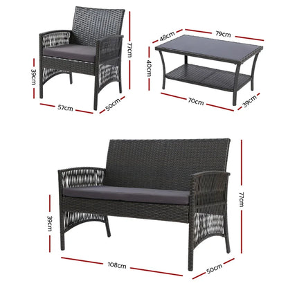 Gardeon 4PCS Outdoor Sofa Set Wicker Harp Chair Table Garden Furniture Grey - Mekamart Australia