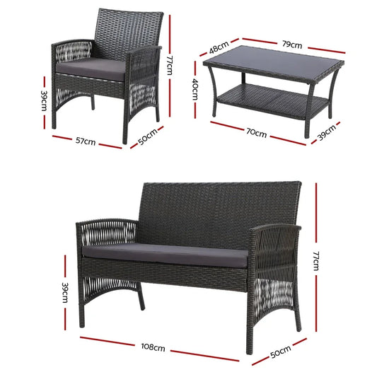 Gardeon 4PCS Outdoor Sofa Set Wicker Harp Chair Table Garden Furniture Grey - Mekamart Australia