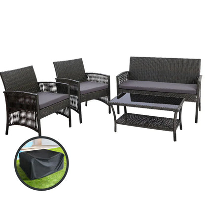 Gardeon 4PCS Outdoor Sofa Set with Storage Cover Wicker Harp Chair Table Grey - Mekamart Australia