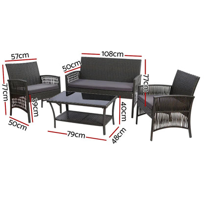Gardeon 4PCS Outdoor Sofa Set with Storage Cover Wicker Harp Chair Table Grey - Mekamart Australia