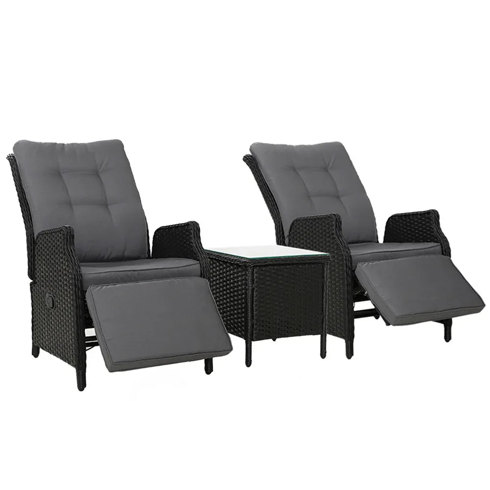 Gardeon 3PC Recliner Chairs Table Sun lounge Outdoor Furniture Wicker Adjustable Black - Mekamart Australia