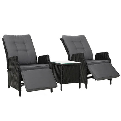 Gardeon 3PC Recliner Chairs Table Sun lounge Outdoor Furniture Wicker Adjustable Black - Mekamart Australia