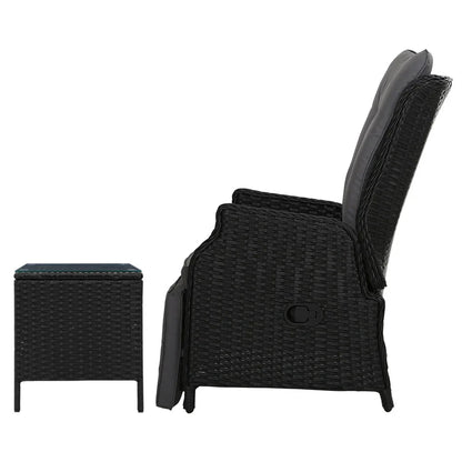 Gardeon 3PC Recliner Chairs Table Sun lounge Outdoor Furniture Wicker Adjustable Black - Mekamart Australia