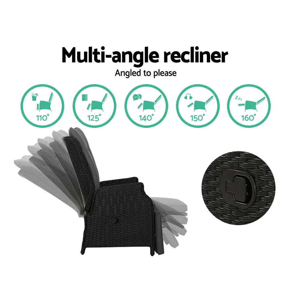 Gardeon 3PC Recliner Chairs Table Sun lounge Outdoor Furniture Wicker Adjustable Black - Mekamart Australia