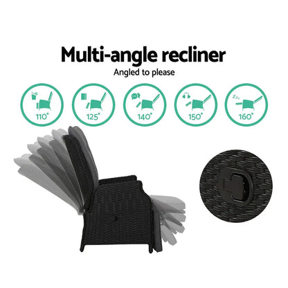 Gardeon 3PC Recliner Chairs Table Sun lounge Outdoor Furniture Wicker Adjustable Black - Mekamart Australia