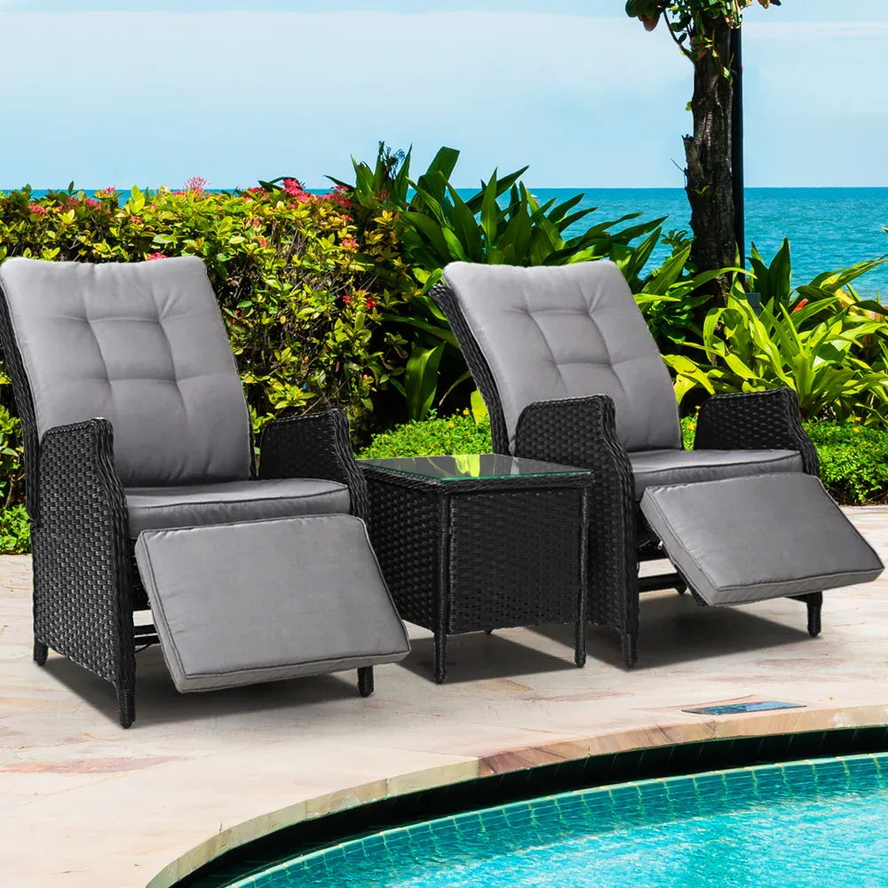 Gardeon 3PC Recliner Chairs Table Sun lounge Outdoor Furniture Wicker Adjustable Black - Mekamart Australia