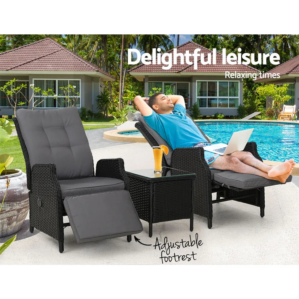 Gardeon 3PC Recliner Chairs Table Sun lounge Outdoor Furniture Wicker Adjustable Black - Mekamart Australia