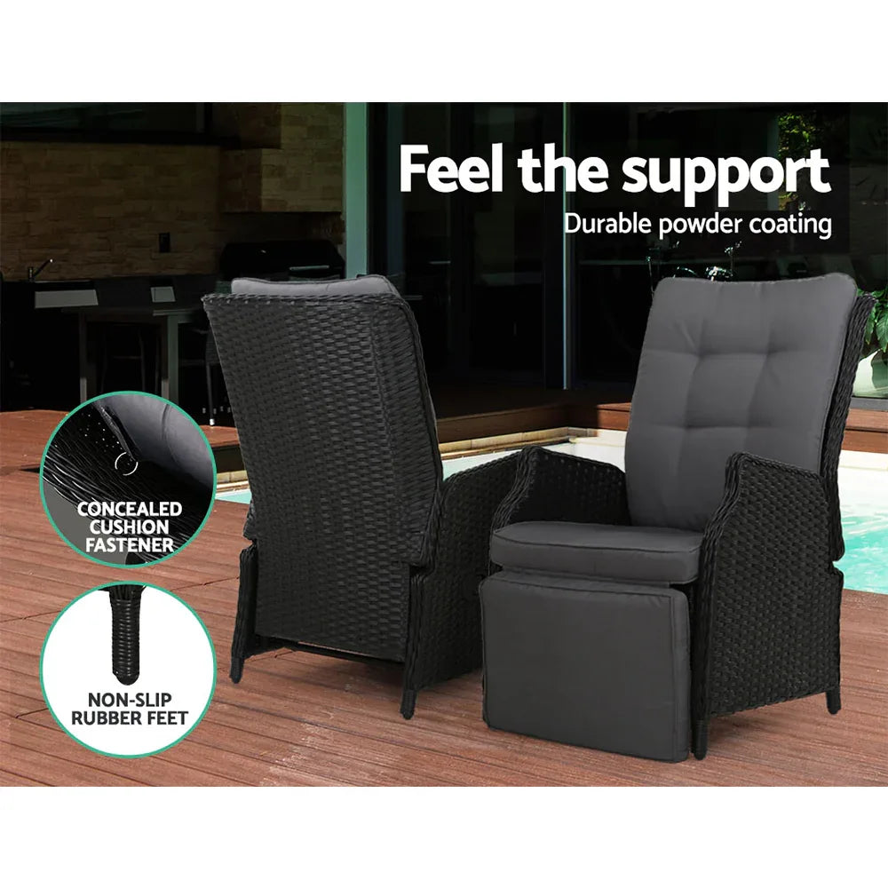 Gardeon 3PC Recliner Chairs Table Sun lounge Outdoor Furniture Wicker Adjustable Black - Mekamart Australia