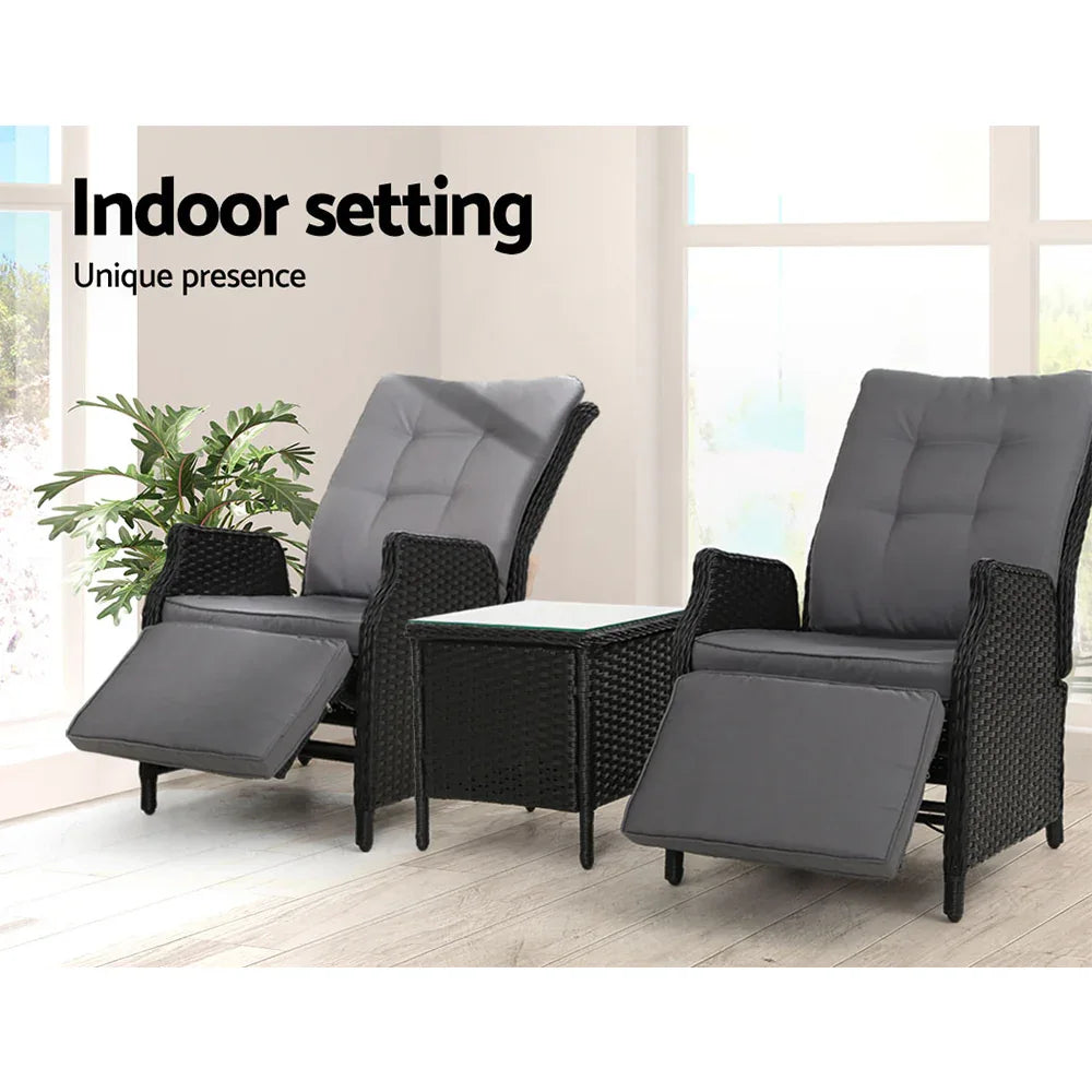Gardeon 3PC Recliner Chairs Table Sun lounge Outdoor Furniture Wicker Adjustable Black - Mekamart Australia