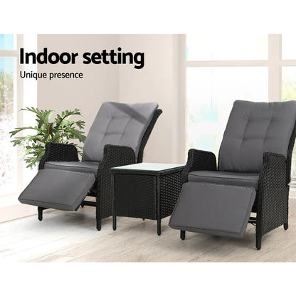 Gardeon 3PC Recliner Chairs Table Sun lounge Outdoor Furniture Wicker Adjustable Black - Mekamart Australia