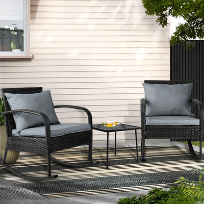 Gardeon 3PC Rocking Chair Table Wicker Outdoor Furniture Patio Bistro Set Black - Mekamart Australia
