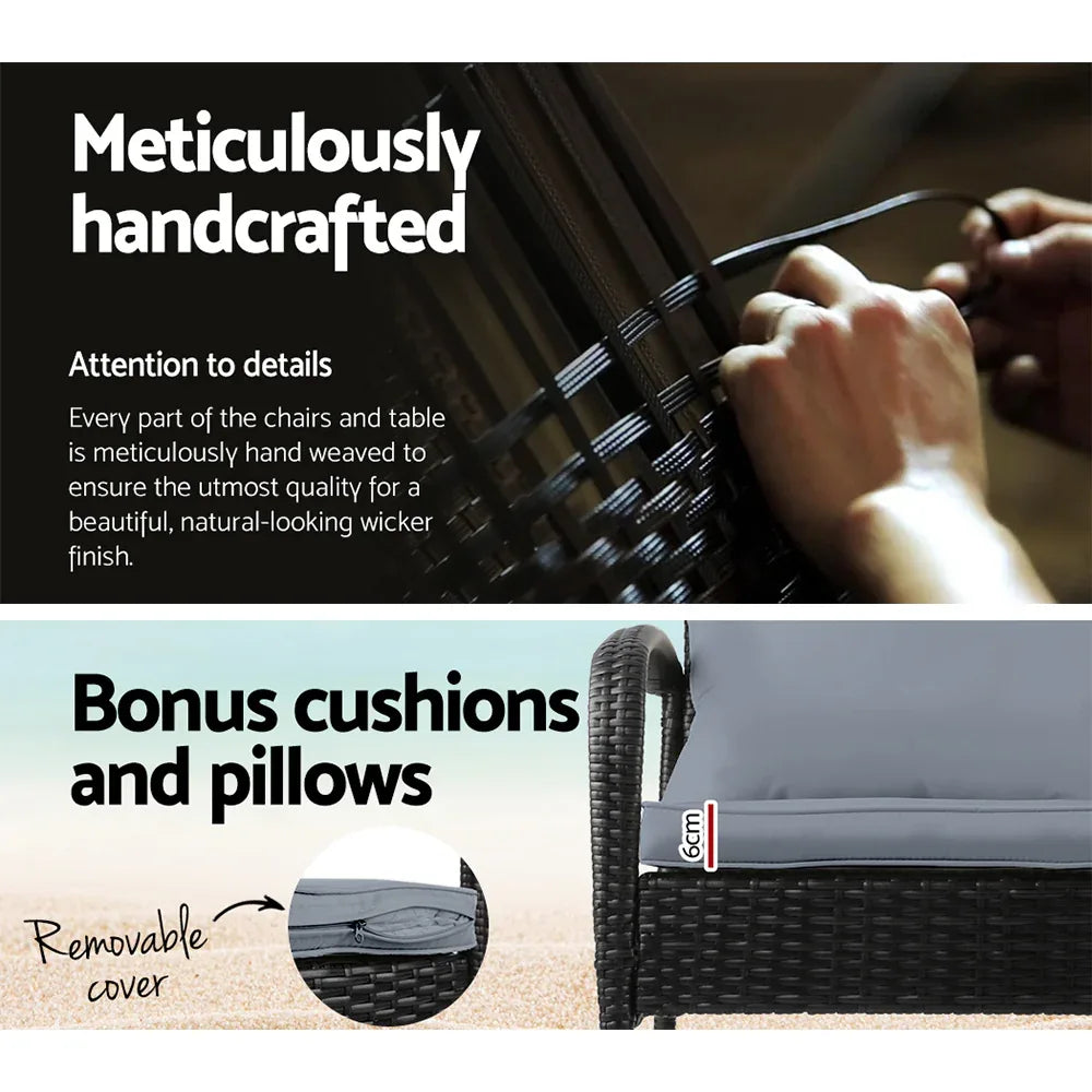 Gardeon 3PC Rocking Chair Table Wicker Outdoor Furniture Patio Bistro Set Black - Mekamart Australia