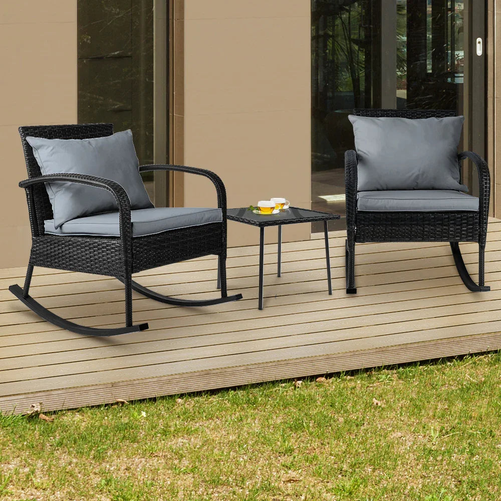 Gardeon 3PC Rocking Chair Table Wicker Outdoor Furniture Patio Bistro Set Black - Mekamart Australia