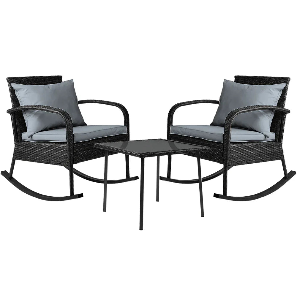Gardeon 3PC Rocking Chair Table Wicker Outdoor Furniture Patio Bistro Set Black - Mekamart Australia