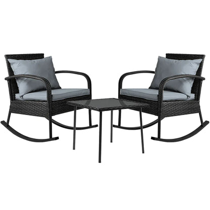 Gardeon 3PC Rocking Chair Table Wicker Outdoor Furniture Patio Bistro Set Black - Mekamart Australia