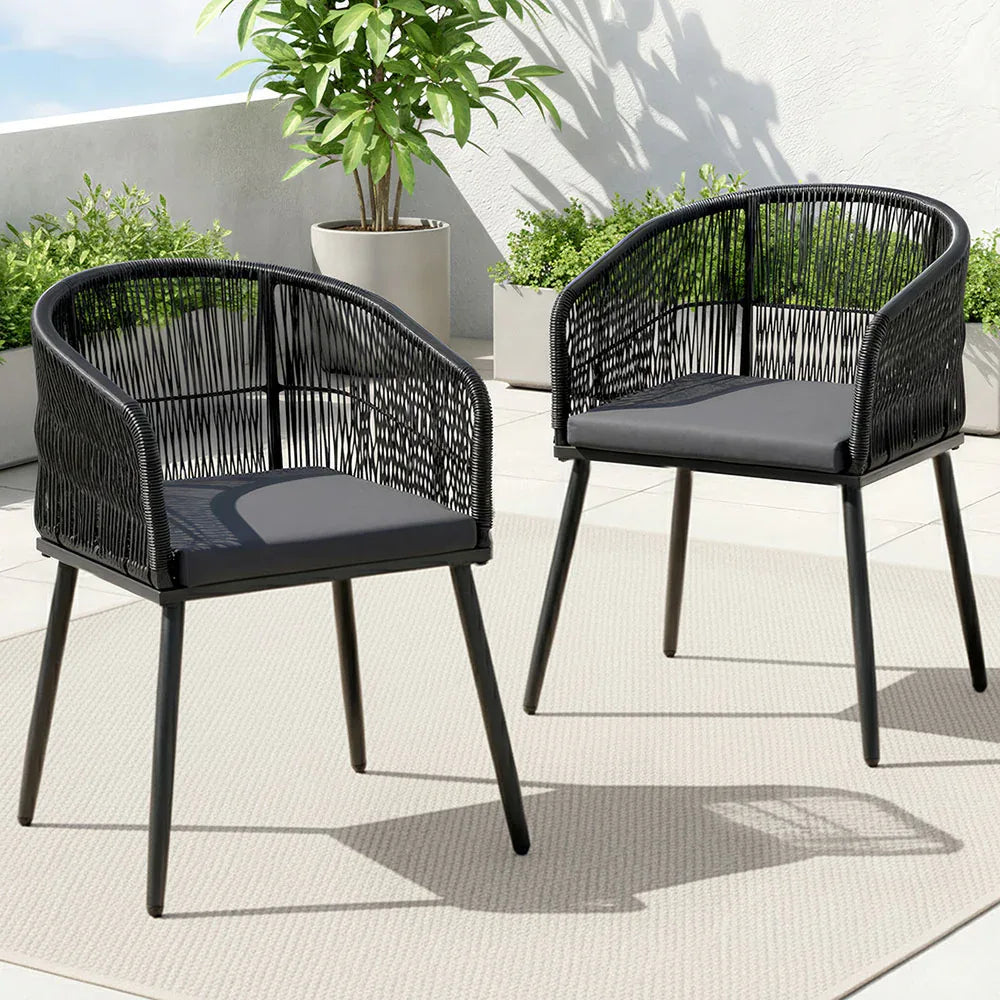 Gardeon 2PC Outdoor Dining Chairs Wicker Chair Patio Furniture Garden Steel Black - Mekamart Australia