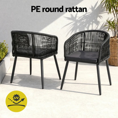 Gardeon 2PC Outdoor Dining Chairs Wicker Chair Patio Furniture Garden Steel Black - Mekamart Australia